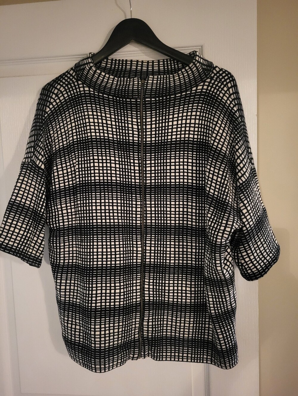 French Connection Black and White Grid Zip Cardigan